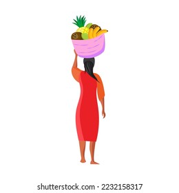 Symbol of Bali vector illustration. Drawings of Indonesian woman in long dress with basket of fruits on head isolated on white background. Summer, traveling, culture concept