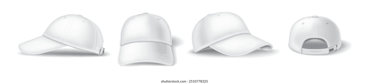 Symbol baseball cap different viewpoints reasonable vector outline set. Cap clothing adornments with mockup 3d models on white foundation