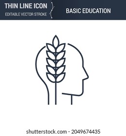 Symbol of Basic Education Thin line Icon of Brain Process. Stroke Pictogram Graphic Suitable for Infographics. Editable Vector Stroke. Premium Mono Linear Plain Laconic Logo