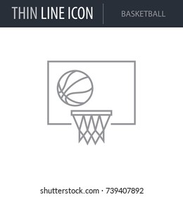 Symbol of Basketball. Thin line Icon of Set of Sport Equipment. Stroke Pictogram Graphic for Web Design. Quality Outline Vector Symbol Concept. Premium Mono Linear Beautiful Plain Laconic Logo