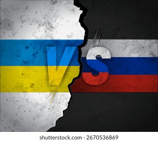 El símbolo de la batalla contra el fondo de las banderas de Ucrania y Rusia. Las letras V y S están separadas por una profunda grieta en la pared de hormigón. Conflicto militar en Europa del Este