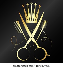 Symbol for beauty salon and hairstyle stylist. Gold scissors and crown comb