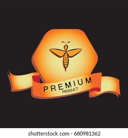 Symbol of a bee in honeycomb. Logo, label. Background with hexagon and ribbon for  text. Composition for decoration of products.