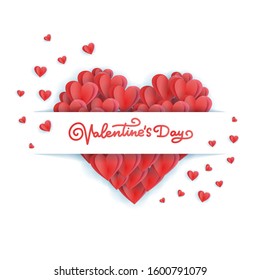 Symbol of big heart consisting of a multitude of red smallhearts isolated on a white background. Heart frame with lettering label. Picture for St. Valentine's Day.