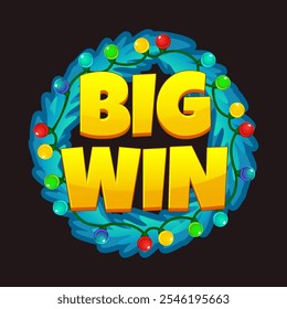 Symbol BIG WIN for Christmas Themed Slots or games. Merry Christmas icon or symbol for your game assets. Christmas blue wreath and Golden BIG WIN