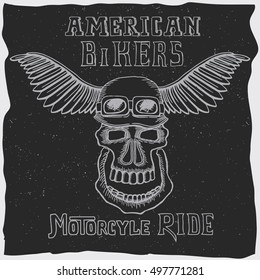 The symbol for the biker club, American bikers gang t-shirt design with hand drawn skull in motorcycle helmet On the old grunge dark background.