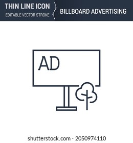 Symbol of Billboard Advertising Thin Line Icon of Advertising Media. Stroke Pictogram Graphic Suitable for Infographics. Editable Vector Stroke. Premium Mono Linear Plain Laconic Logo