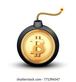 Symbol of Bitcoin and bomb. The concept of explosive growth of cryptocurrency. Editable Vector Illustration
