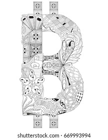 Symbol of bitcoin zentangle. Vector decorative number