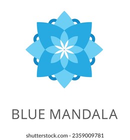 Symbol of blooming blue lotus badge isolated on white. Colored flat vector icon of mandala. Signs and symbols concept