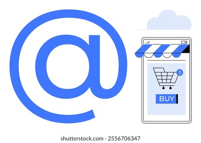 At symbol in blue alongside a smartphone screen displaying a shopping cart and a Buy button. Ideal for e-commerce, online shopping, digital marketing, mobile apps, internet usage. Simple vector style
