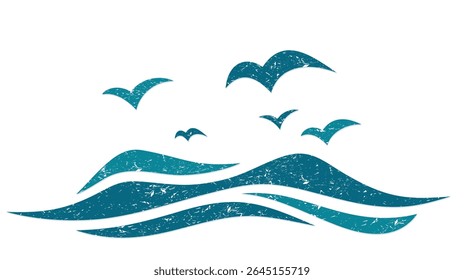 Symbol of the blue sea with a flock seagulls flying.
