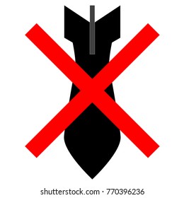 Symbol bombs crossed by a red cross. Logo against bombing and weapons. A poster for peace. Вlack bomb vector Isolated symbol against war.