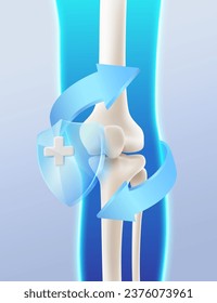 Symbol of bone protection and treatment by specialized doctors. Knee bones and leg bones with glass armor Referring to hospitals, doctors, vitamins for bone health, realistic 3D vector files.