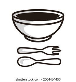 symbol of a bowl, spoon and fork, in black line art style and shadow details.