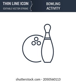 Symbol of Bowling Activity Thin Line Icon of Sport and Fitness. Stroke Pictogram Graphic Suitable for Infographics. Editable Vector Stroke. Premium Mono Linear Plain Laconic Logo