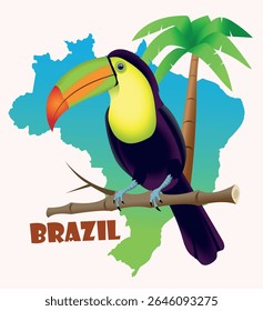 Símbolo do Brasil. Mapa do Brasil com tucano e palmeira. Ilustração de arte vetorial