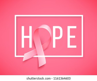 Symbol of Breast cancer awareness month in october. Realistic pink ribbon. Poster hope. Vector illustration.