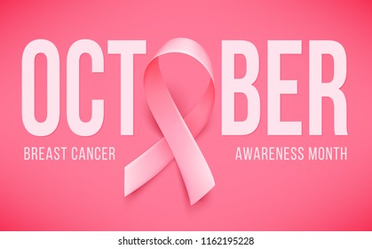 Symbol of Breast cancer awareness month in october. Realistic pink ribbon. Poster template. Vector illustration.