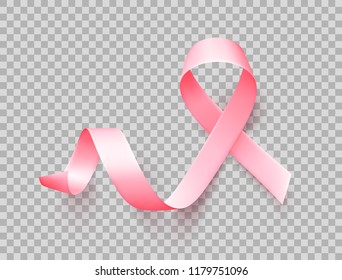 Symbol of breast cancer awareness month in october. Realistic pink satin ribbon over transparent background. Vector illustration.