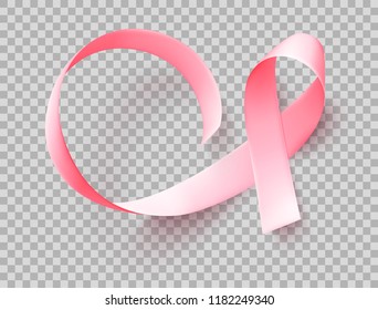 Symbol of breast cancer awareness month in october. Realistic pink satin ribbon over transparent background. Vector illustration.