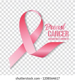 Symbol Breast cancer awareness month in october. Realistic pink ribbon Woman and transparent background. Vector illustration. Template design