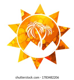 Symbol bright colorful funny sun. Egypt. Palm trees with pyramids. T-shirt print. Mixed media. Vector Illustration.