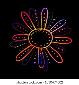 Symbol bright colorful funny sun. T-shirt print. Decorative stylized flower. Mixed media. Vector Illustration.