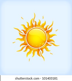Símbolo de sol amarillo brillante en un estilo brillante. Ilustración vectorial.