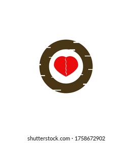symbol of a broken heart inside of worn wood