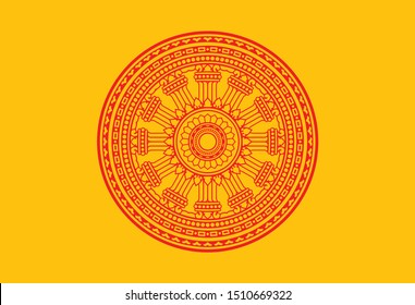 Symbol of Buddha teachings on the path to enlightenment. Dharma Wheel, Dharmachakra. Flag of Buddha