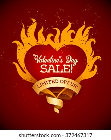 Symbol of burning heart with fire flames and ribbon. Vector illustration. Transparent objects used for lights and shadows drawing