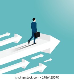 Symbol of business. Businessman stands on arrow flying. Arrows going up. Success in business. Achievement, Success, Leadership. Vector illustration flat