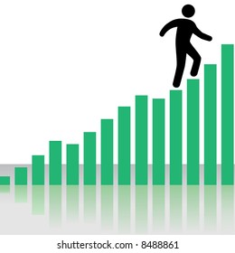 A symbol business person climbs up a Profit Chart Graph as stairs, with reflection.