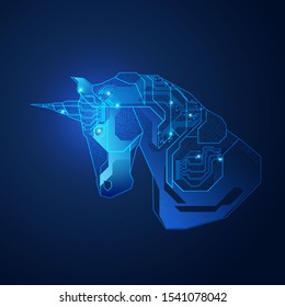 symbol of business startup, graphic of unicorn combined with electronic pattern