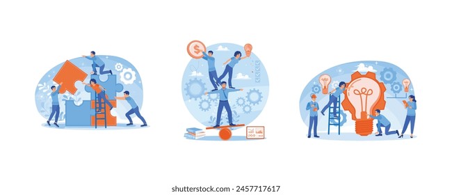 Symbol of business teamwork. Good balance between ideas, time and work. Work together towards success. Team Work concept. Set flat vector illustration.