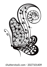 Símbolo de mariposa con notas musicales.