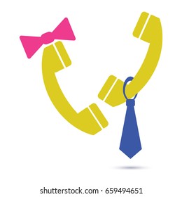 Symbol call center icon, support phone operators man and woman. Couple talk on phone. Flat vector design.