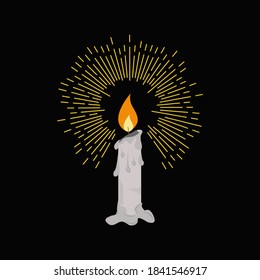 Symbol of candle shines. Burning candle icon in the dark. Logo vector illustration. Isolated on black background.