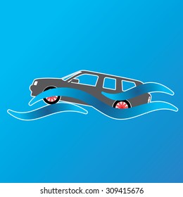 Symbol of a car submerged in a pool of water. In vector illustration format.
