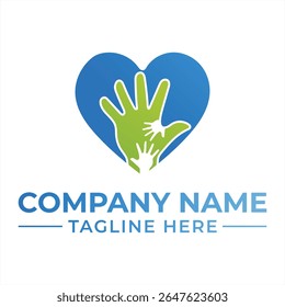 Symbol of Care and Support Heart Shaped Logo with Hands Reaching Out in Green and Blue Gradient Colors