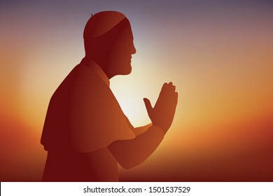 Symbol of the Catholic religion with an ecclesiastic who prays and communicates in front of his faithful, holding his hands together.