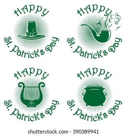 Symbol celebrating St. Patrick's Day. Greeting inscription. Happy St. Patrick's Day. Vector green icons isolated on white background. Leprechaun hat, smoking pipe, pot of gold. Set 1