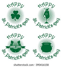 Symbol celebrating St. Patrick's Day. Greeting inscription. Happy St. Patrick's Day. Vector green icon isolated on white background. Shamrock, horseshoe, good luck, glass of beer, pot of gold. Set4