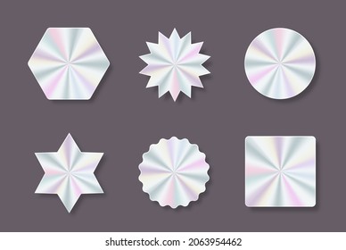 Symbol of certification product. Colored blank rainbow shiny emblems.  Round, square, oval, rhombus and wavy iridescent foils. Holographic stickers, hologram labels of different shapes. 
