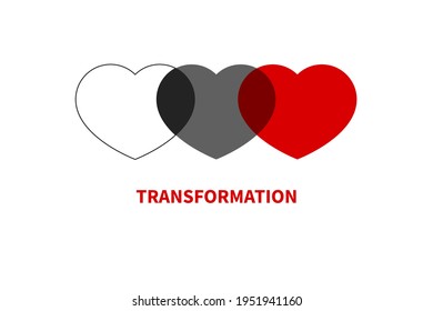 Símbolo de cambio, transformación o evolución. Icono de amor. Logo de tres corazones. Concepto de psicología
