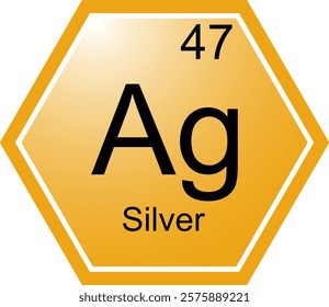 The symbol of the chemical element Ag is Silver. A chemical element of the periodic table. Ag is a transition metal. Science, chemistry. Vector hexagonal image.