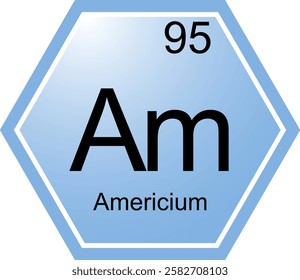 The symbol of the chemical element Am is Americium. A chemical element of the periodic table. Am is an actinoid. Science, chemistry. Vector hexagonal image.