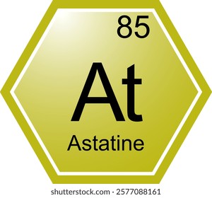 The symbol of the chemical element At is Astatine. A chemical element of the periodic table. At - halogen. Science, chemistry. Vector hexagonal image.