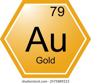 The symbol of the chemical element Au is Gold. A chemical element of the periodic table. Au is a transition metal. Science, chemistry. Vector hexagonal image.